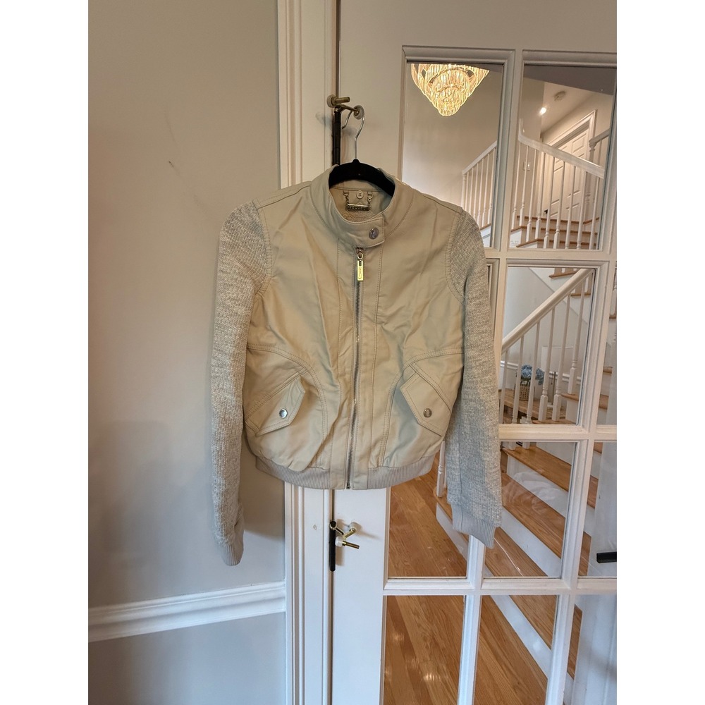 Joujou Girls Mixed Media Faux Leather Bomber Jacket Cream Grey Size L 11/12